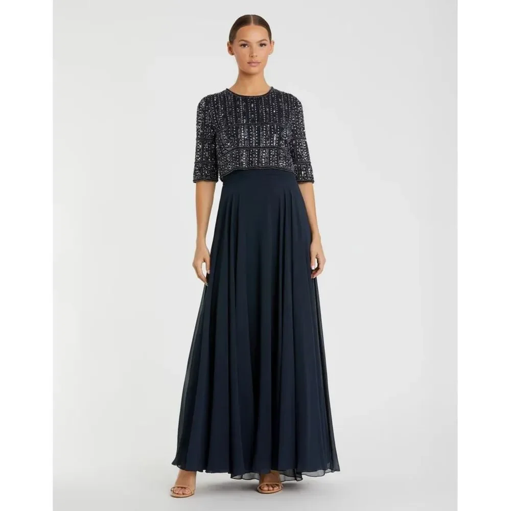 Mac Duggal NEW Chiffon Gown w/ Fully Beaded 3/4 Sleeve Top Navy $598 - Size‎ 18 - Picture 2 of 13